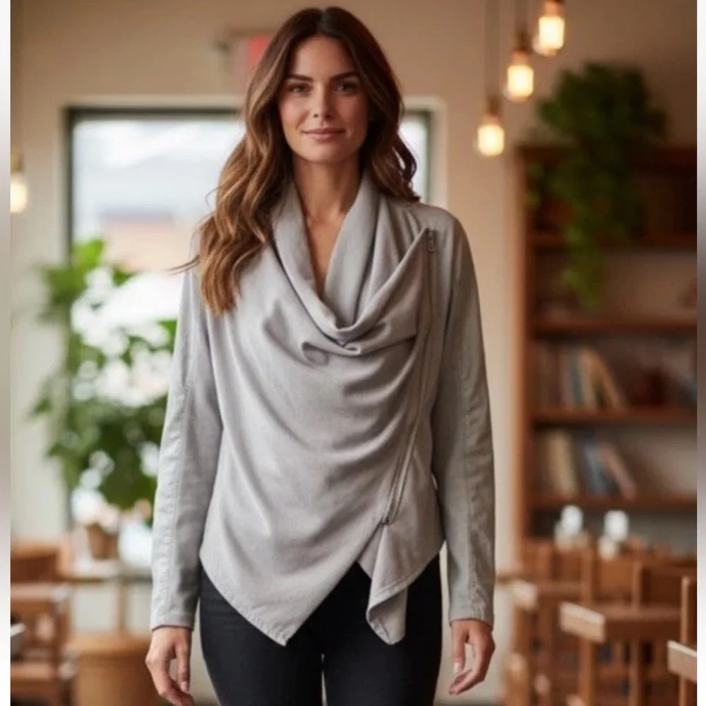 BL^NK NYC Gray Jacket Faux Leather Vegan Knit Moto Asymmetrical Zip Drapey